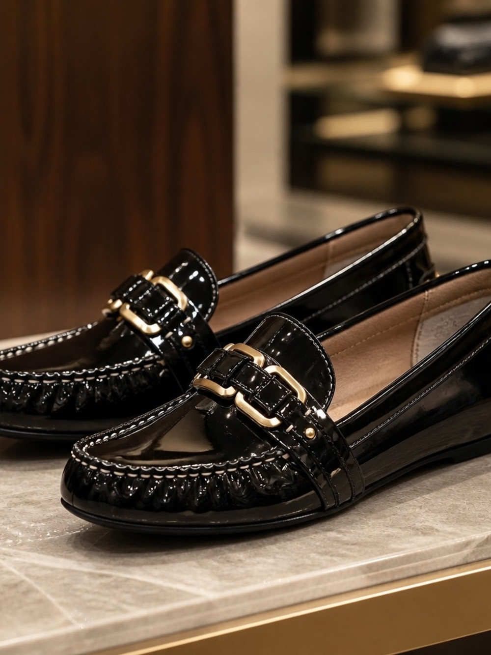 Bass Black Patent Loafers with Gold Buckle